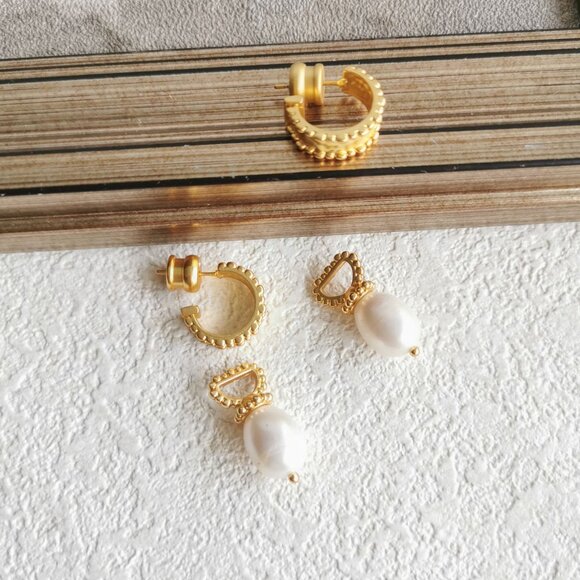 Julie Vos Marbella Pearl Gold Hoop & Charm Earrings - Picture 4 of 4